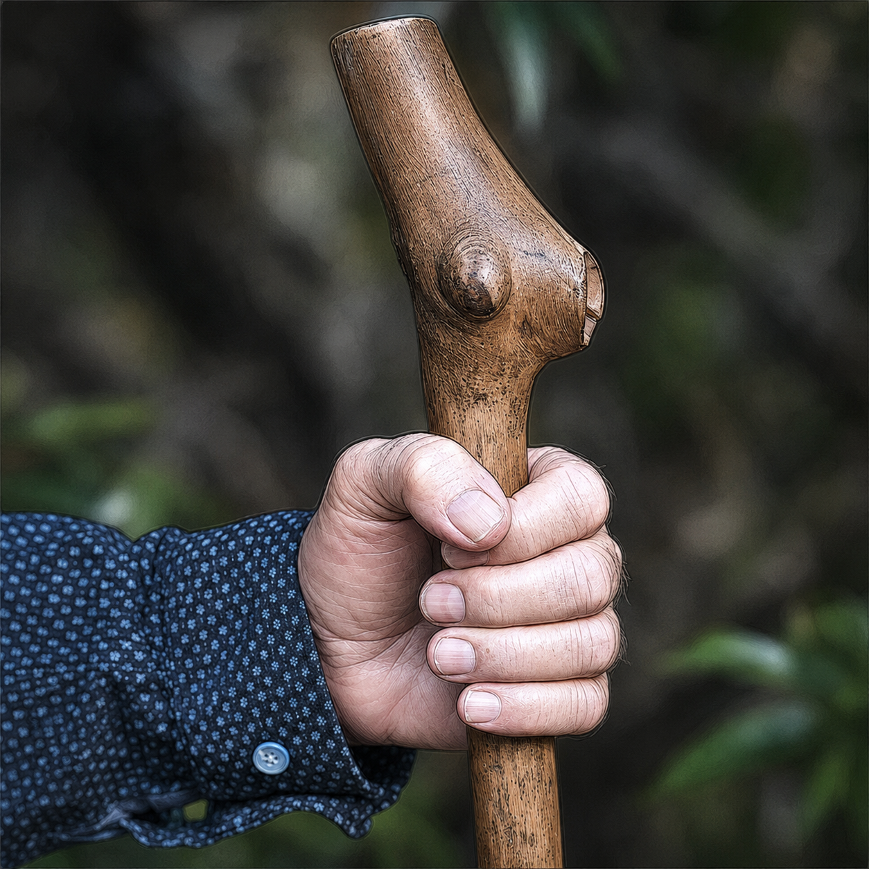 A pilgrim&rsquo;s staff made of holly, darkened with a patina from many miles of walking